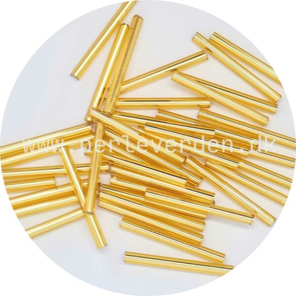 Cut beads, guldfarvet Bugles rørperler 25mm