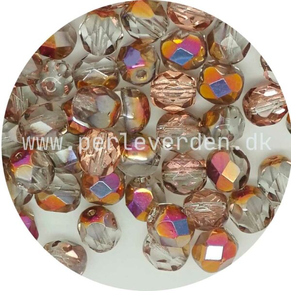 Tjekkiske Fire polished runde facetperler i farven Crystal Sliperit / Krystal, pink, brun